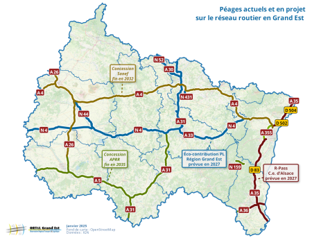 Péages actuels et en projet sur le réseau routier en Grand Est